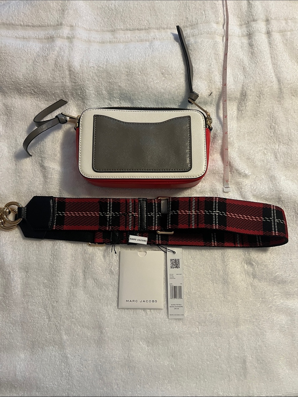 Marc Jacobs White, Red & Gray Snapshot Crossbody with Tartan Strap - Picture 2 of 4